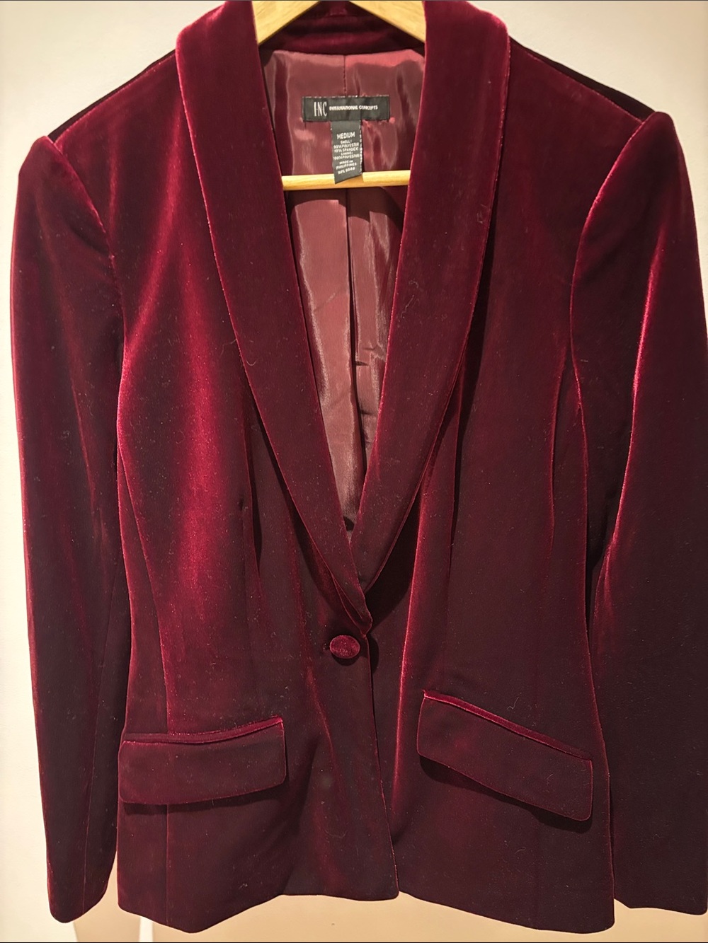 INC International Concepts Velvet Shawl Collar Blazer in Burgundy - Picture 6 of 7